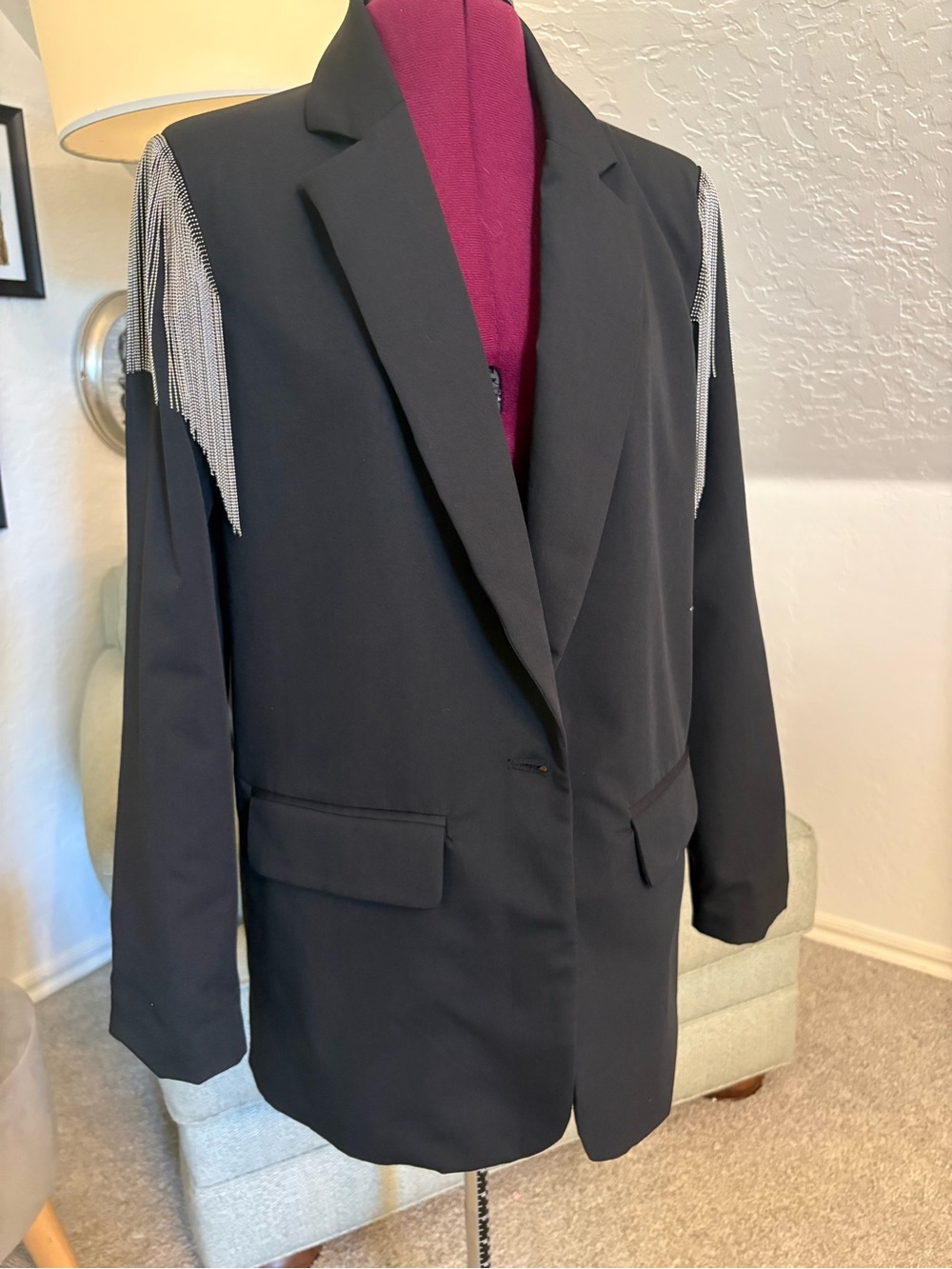 Black Blazer with Silver Fringe Shoulder Detail